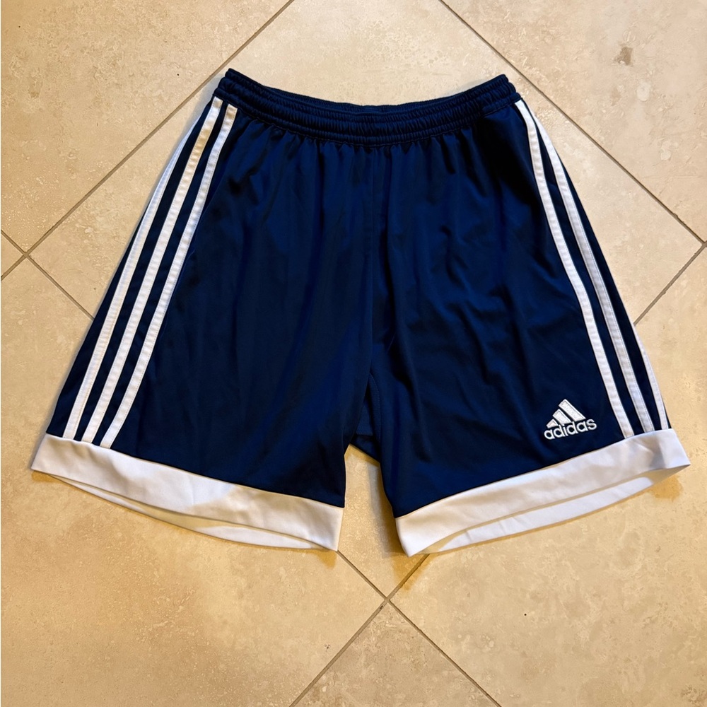 adidas Small Navy Athletic Shorts with White Stripes